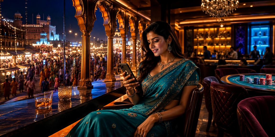 Mobile user playing live casino games in traditional Indian attire